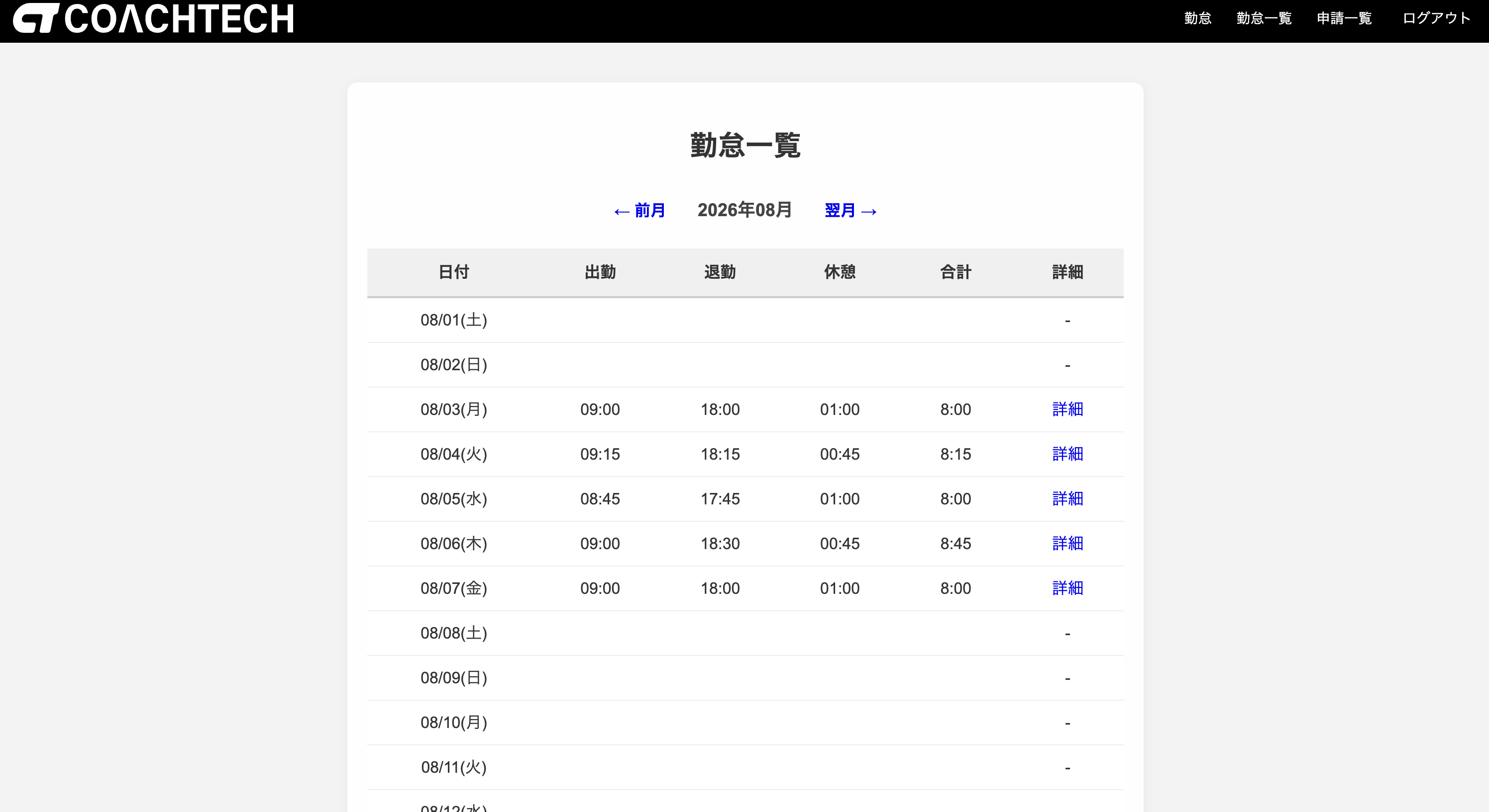 勤怠管理アプリのスタッフ向け勤怠一覧画面。月ごとの出勤・退勤時刻、休憩時間、合計勤務時間と詳細へのリンクを表示している。