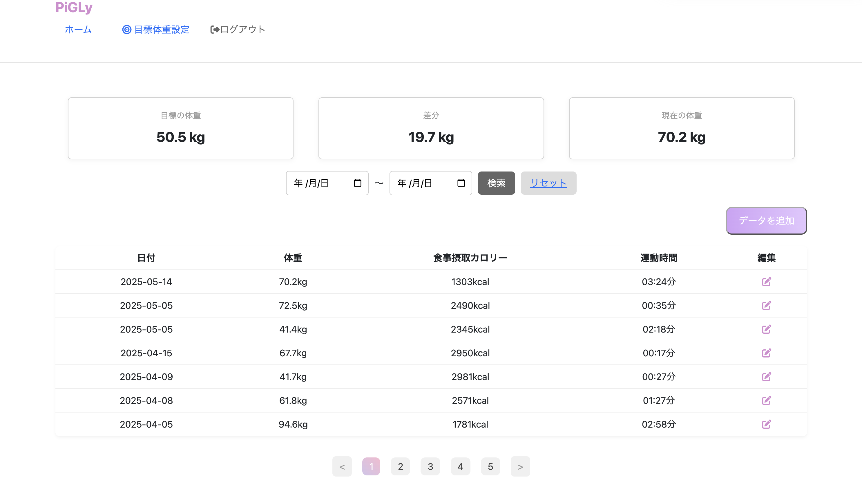 体重管理・目標設定アプリの記録一覧画面。目標体重、現在体重、差分、期間検索、データ追加、体重・食事摂取カロリー・運動時間の一覧とページネーションを表示している。